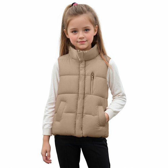 Zshosam Baby Knitted Vest Girls Puffer Vest Stand Collar Sleeveless Warm Jacket Cute Outerwear With Pockets Size 6T 7T,(Khaki 6-7 Years)