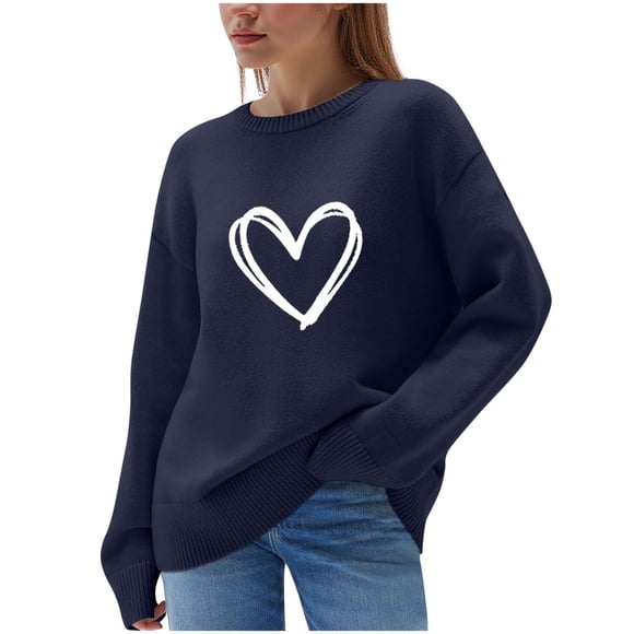 Lenpel Oversized Sweaters for Women Casual Long Sleeve Crew Neck Heart Printed Plus Size Sweaters Loose Pullover Sweater Tops(Navy,Medium)