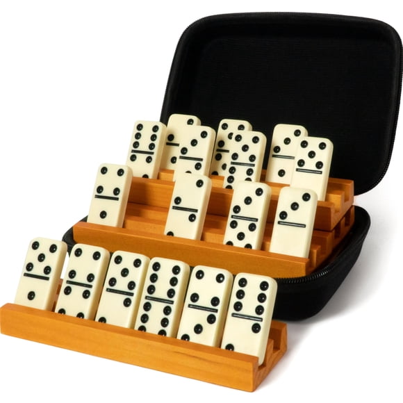 Queensell Dominos Set for Adults with 4 Domino Racks - Double 6 Dominoes Set with Domino Holder Classic Board Games for Kids and Adults - Double Six Standard Dominos Set 28 Tiles with Travel Case