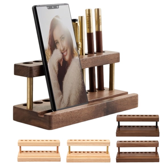 Wood Pen Holder 9 Slots Cell Phone Stand Aesthetic Organizer Natural Wood Grain Pen Stand Minimalist Office Decor