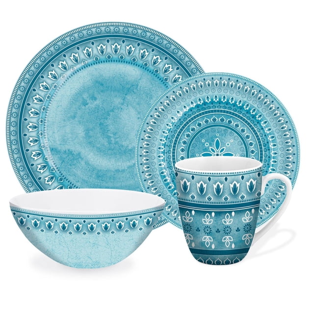 Safdie & Co. Dinnerware Set 16 Piece Set Santa Ana, Set for 4 with blue porcelain dinner plates, salad plates, bowls, and mugs featuring white floral and geometric patterns, including 11-inch plates, 8-inch salad plates, 6.75-inch bowls, and 355ml mugs, dishwasher and microwave safe, suitable for casual or special occasion dining.