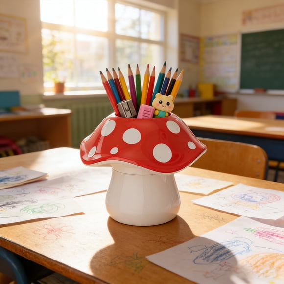 Organisateur de Bureau en Forme de Champignon, Porte-Stylo en Plastique et Boîte de Rangement pour Papeterie, 4,33 X 5 Po, Rouge, pour Pinceaux de Maquillage de Bureau