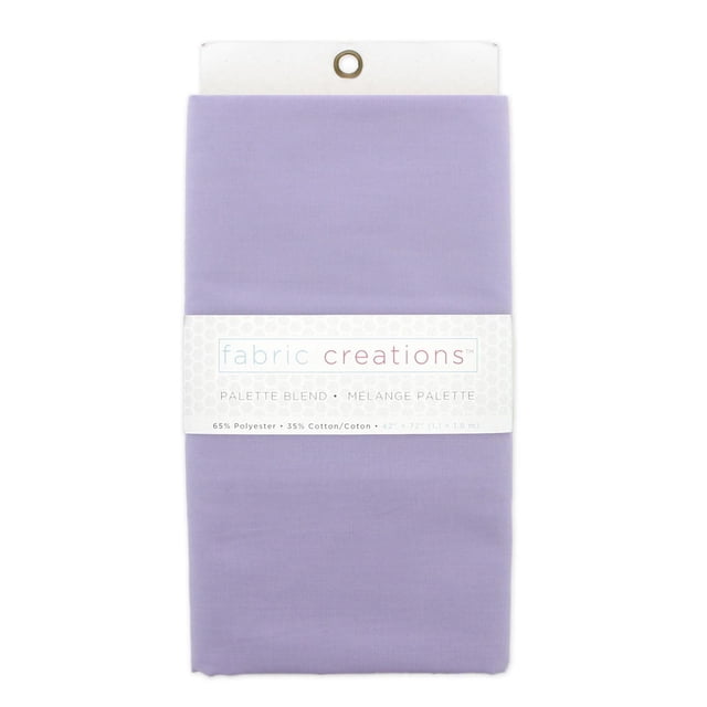 Fabric Creations Polycotton 65/35 pre-cut fabric in solid lavender, folded with a white label showing brand and fabric blend, measuring 42 by 72 inches (1.1 by 1.8 m), made of 65% polyester and 35% cotton, lightweight and machine washable, suitable for quilting, garment sewing, and home décor projects.