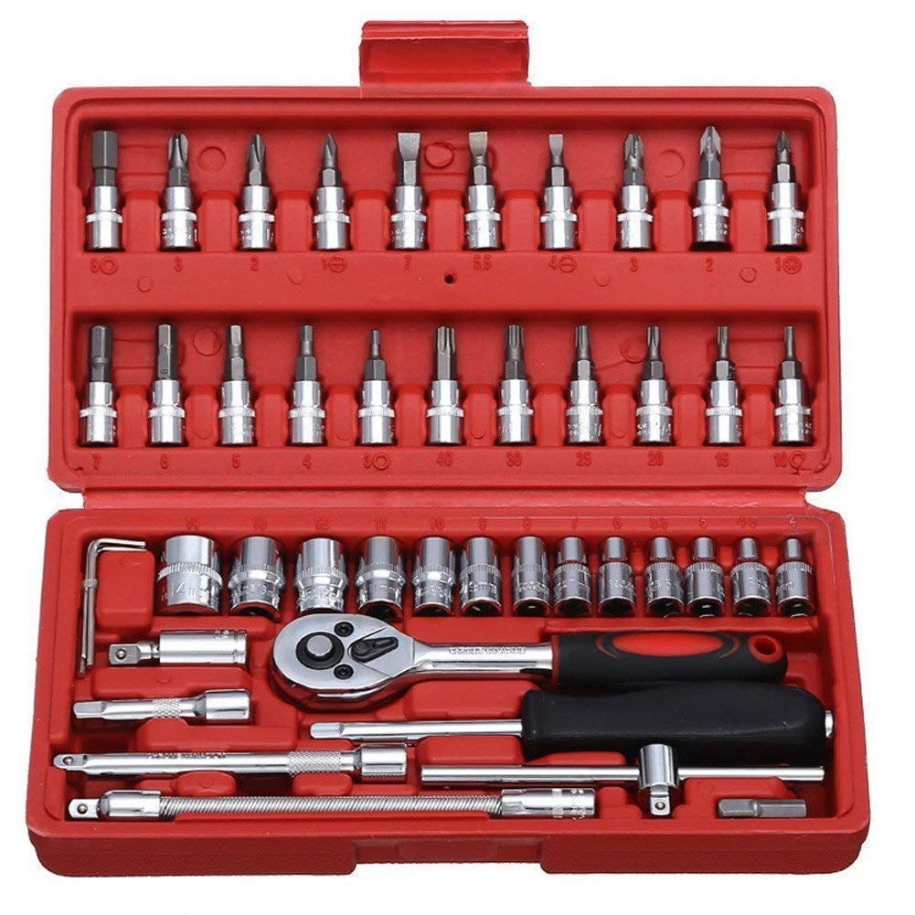 46 In 1 Pcs Combination Wrench Set - Socket, Car & Bike Repairing | Hand Tool Long Handle Kit - 46pcs Combo Tools Repair Box For Spanner Force Kit, Tools Set, Perfect Improvement Tools