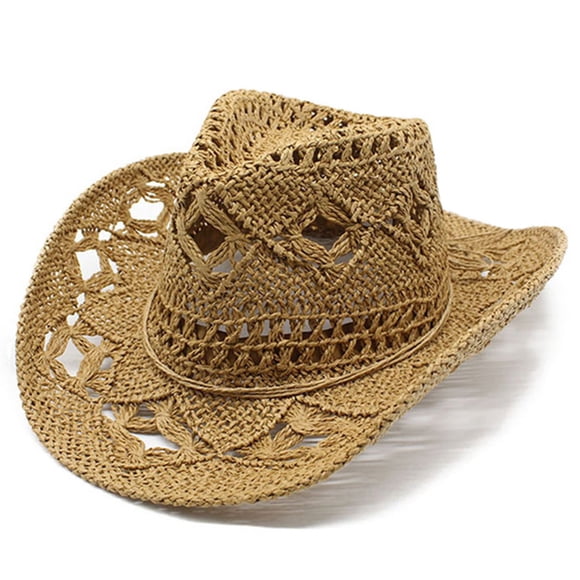 GDREDA Hat Women Women Men Summer Western Cowboy Hat Shapeable Straw Hat Hollowed Out Sun Hat,Khaki