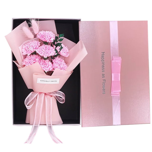 EGNMCR Room Decor Home Decor Mother's Day Gift Hand Bouquet Gift Box with pink soap flowers arranged in a ribbon-tied bouquet, presented in a pink gift box with bow detail. Perfect for Mother's Day, weddings, anniversaries, or as decorative artificial flowers for home decor. Soap flowers are long-lasting and suitable for allergy-sensitive recipients.