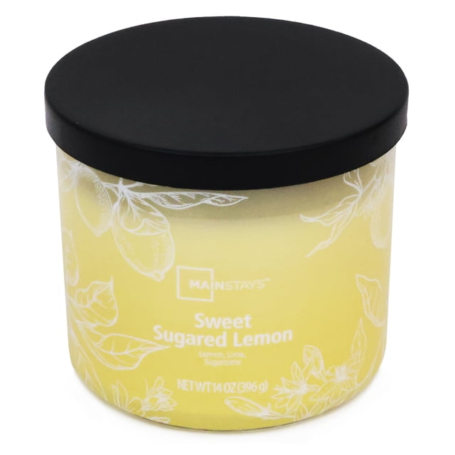 Mainstays 3-Wick Textured Wrapped Sweet Sugared Lemon Scented Candle, 14 oz, a yellow cylindrical jar candle with white lemon and leaf illustrations and a matte black lid, offering a highly fragranced, clean burn ideal for home décor and relaxation.