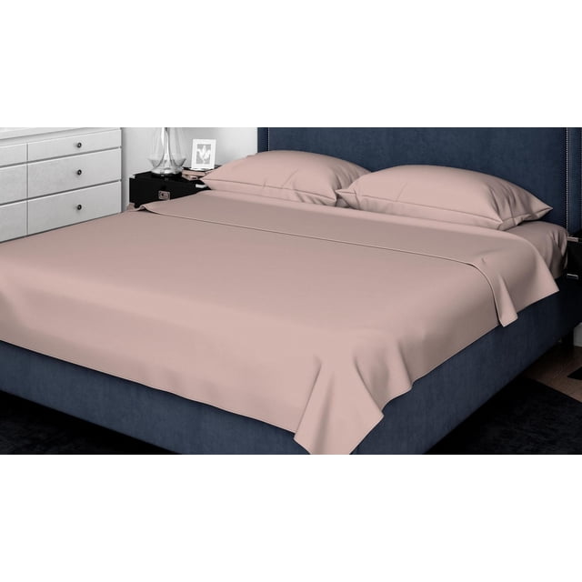 Johnson Home 200 TC Bed Sheet Set - Organic Cotton Sheets in beige on a navy blue upholstered bed with nailhead trim, featuring a flat sheet and two pillowcases in a modern bedroom, suitable for breathable, eco-friendly comfort and year-round use.