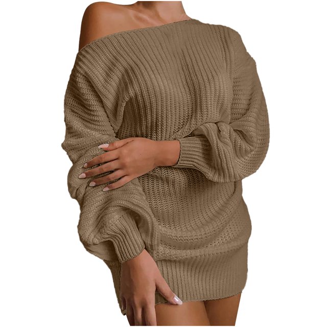 Pompotops Robe Chandail en Tricot à Manches Lanterne Épaules Dénudées Mode Décontractée pour Femmes