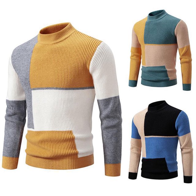 Xcmzpl Mens Mock Turtleneck Sweater Long Sleeve Casual Pullover Sweater Slim Fit Basic Knit Tee Color Block Fall Sweaters