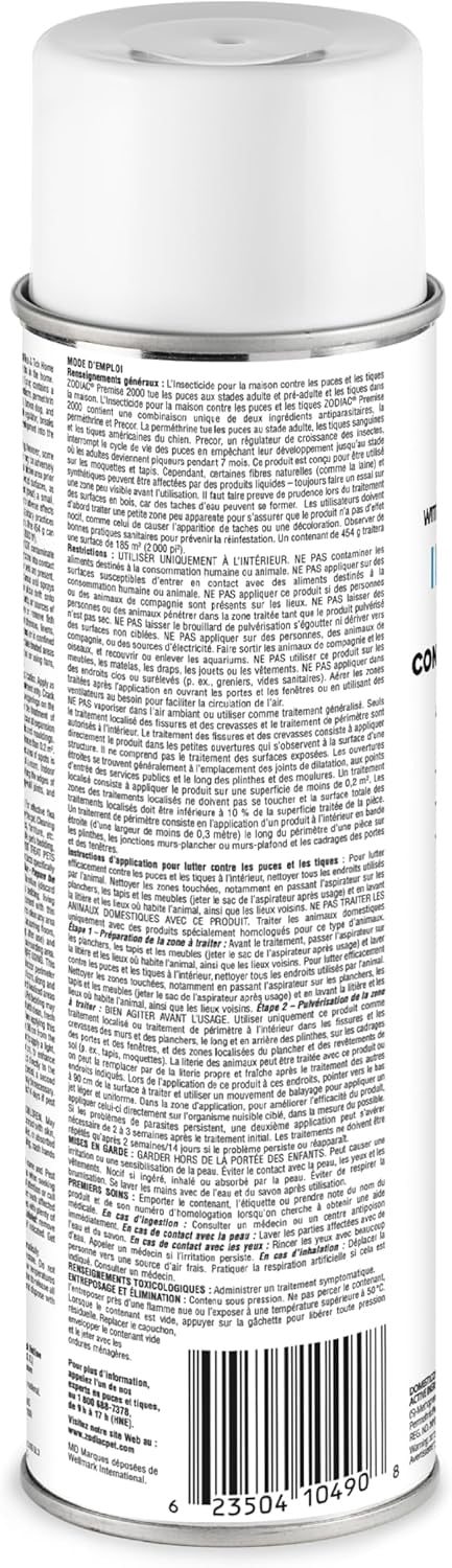 Zodiac Premise 2000 Spray Anti-Puces et Tiques pour la Maison avec Precor Insect Growth Regulator (IGR), 454g