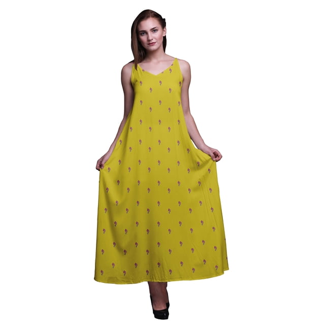 Bimba Rayon Block Printed Womens Long Dress Chic Bohemian Summer Maxi Beach Wear-Small