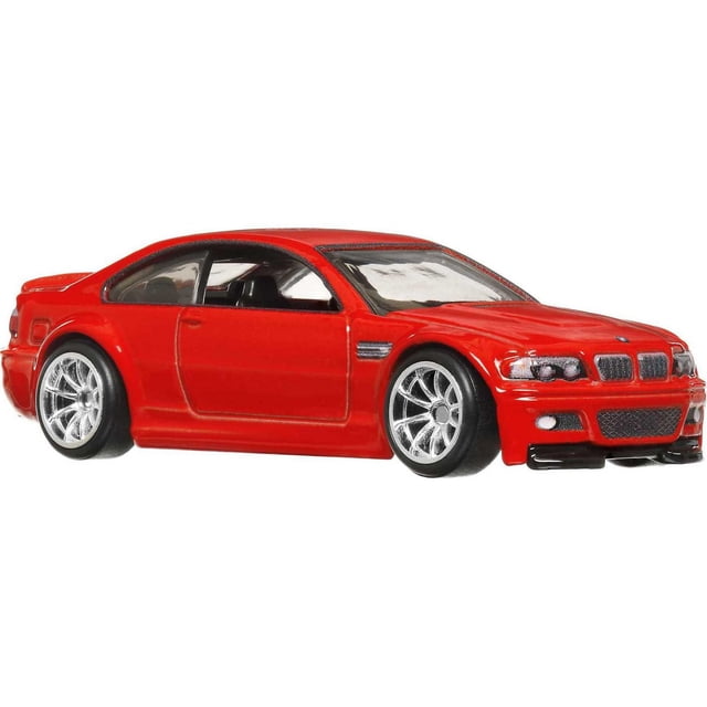Hot Wheels Car Culture Circuit Legends BMW M3 E46 Vehicle, a 1:64 scale red die-cast model with detailed front grille, clear windows, and silver multi-spoke wheels, ideal for collectors and kids aged 3 and up.