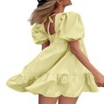 thumbnail image 3 of Femmes Robe Décontractée Couleur Unie Polyester Manches Courtes Col Carré Style Ourlet Volanté Mini Robes Jaune M, 3 of 5