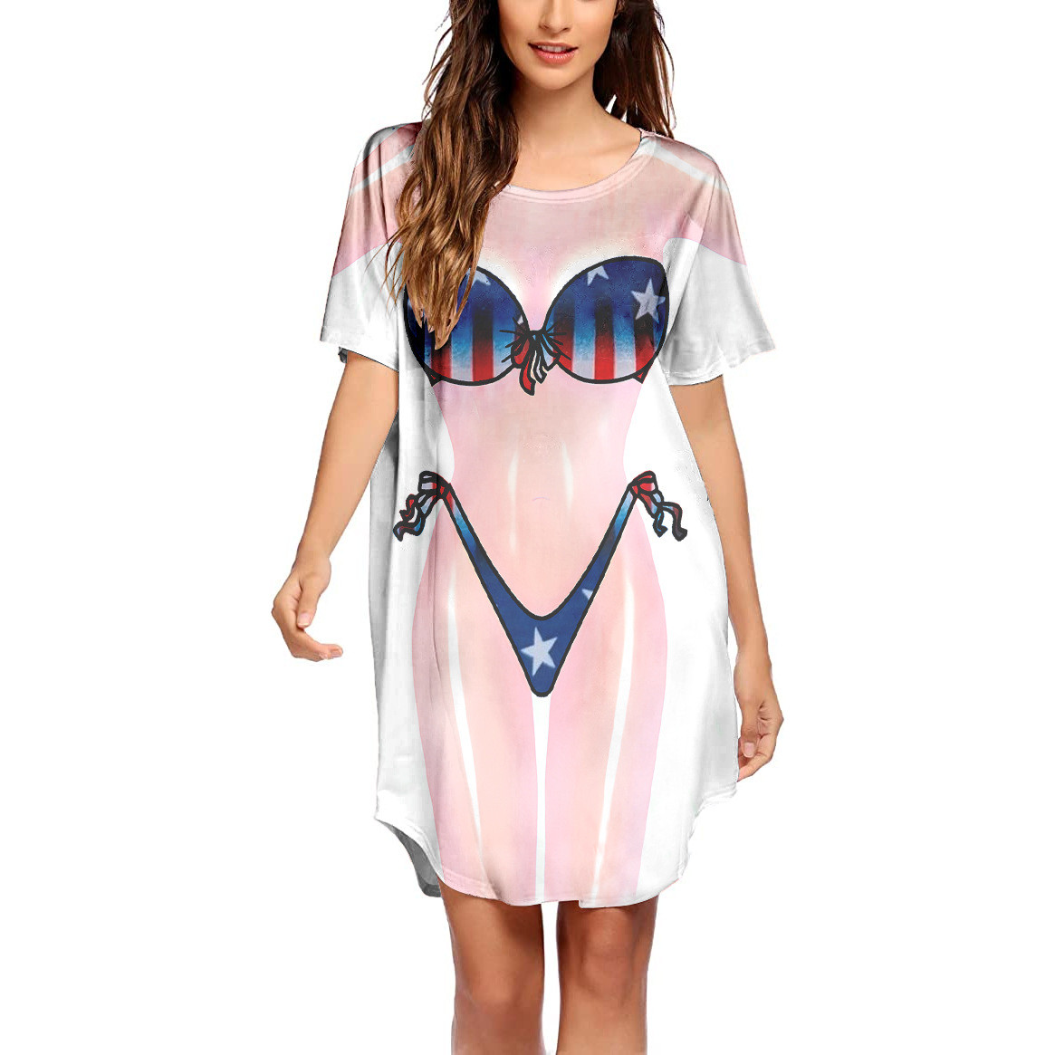 Jusqu'à 65 % de Rabais! Robes d'Été Mode pour Femmes 2024 Grande Taille Chemise de Bikini par-Dessus Manches Courtes Mignonne Imprimé de Bikini par-Dessus Robe T-Shirt Ample à Porter