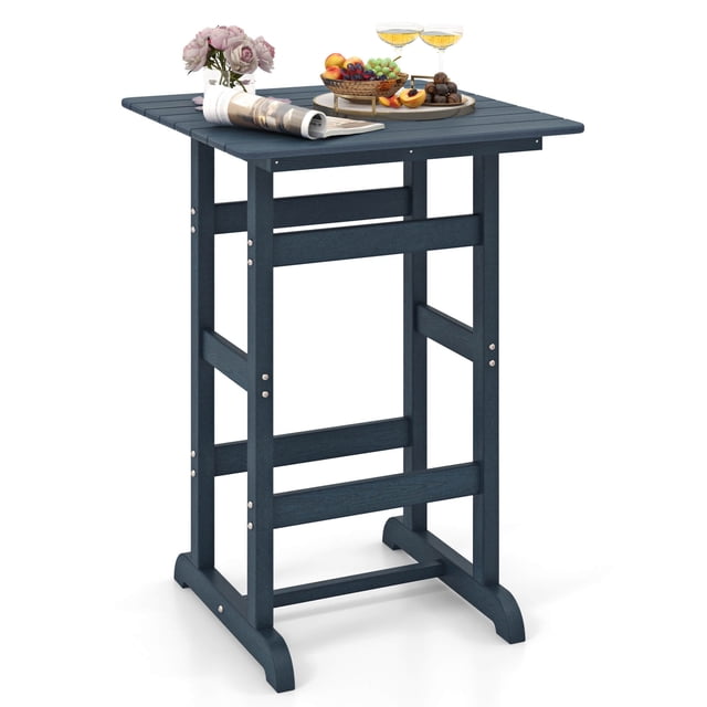 Costway Outdoor Bar Table All Weather HDPE Patio Table with Wood Grains Bistro Table Navy