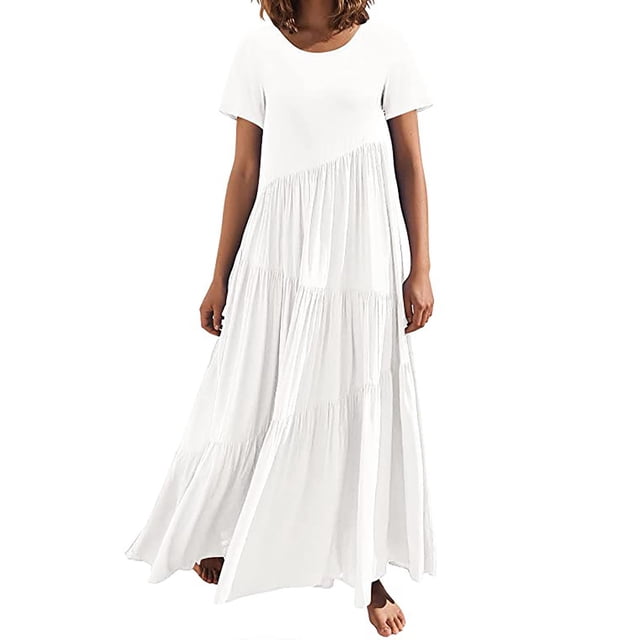 Robe à Manches Longues Femme Mode Estivale pour Femmes Robe Longue Ample Manches Courtes Col Rond Asymétrique à Étages Robe Longue de Plage Robe d'Été pour Femmes Robe d'Été Aguichant à Manches Longues