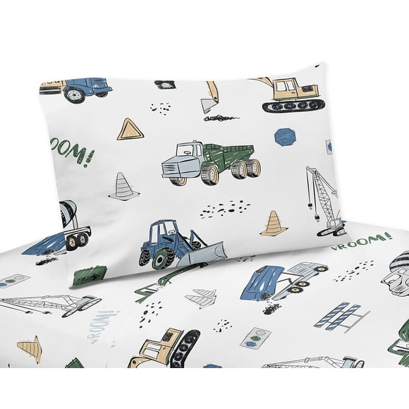 Sweet Jojo Designs Construction Truck Queen Sheet Set - 4 Piece Set - Grey Yellow Black Blue and Green Transportation
