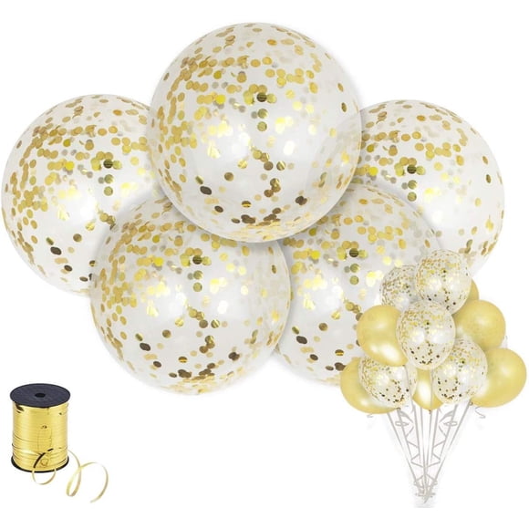 SHIMMER & CONFETTI 15 Pack Large Gold Confetti Balloons. 5 Pieces 36-inch Confetti-Filled Balloons, 5 12-inch Confetti Balloons, 5 Metallic Balloons for Christmas, Birthday Party, Bridal Shower