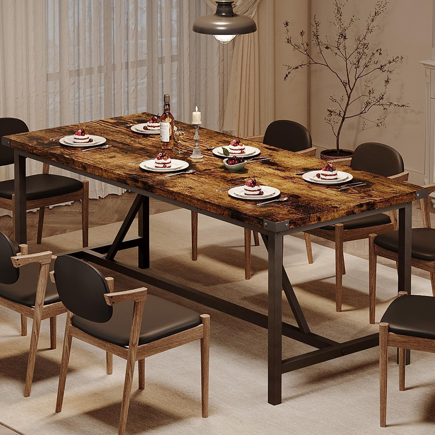 71" Dining Table, Seating for 6-8 People, Industrial Durable Wood Kitchen Table Set, Easy Assembly, Perfect for Living Room, Dining Room, Big Family, Brown