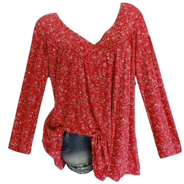 Pompotops Blouse à Manches Longues Col en V Imprimée pour Femmes Grande Taille Pull Tops Chemise Liquidation