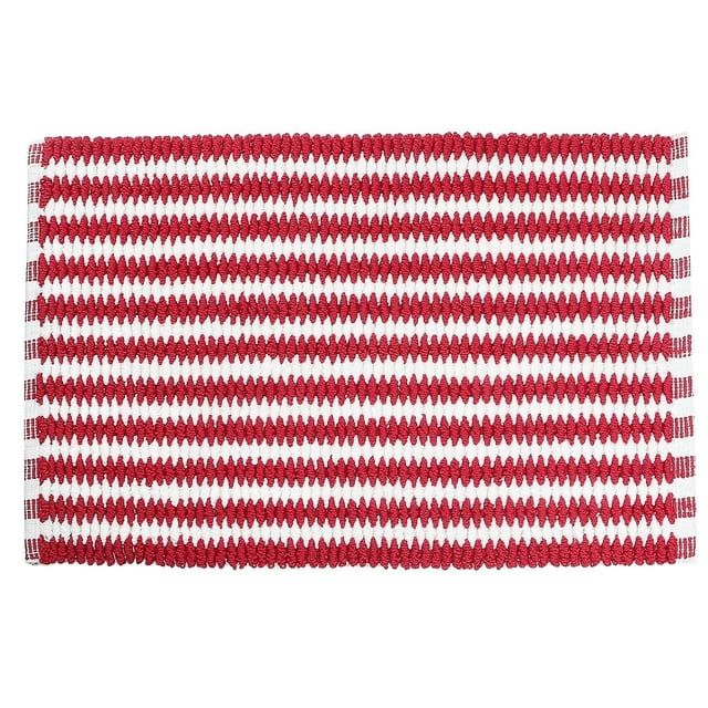 HANDWOVEN CROSS WEAVE BATH MAT (RED/WHITE) (20 x 32) rectangular bath rug with red and white striped cross weave pattern, textured loops, highly absorbent and slip-resistant, ideal for bathroom floors and decorative use.