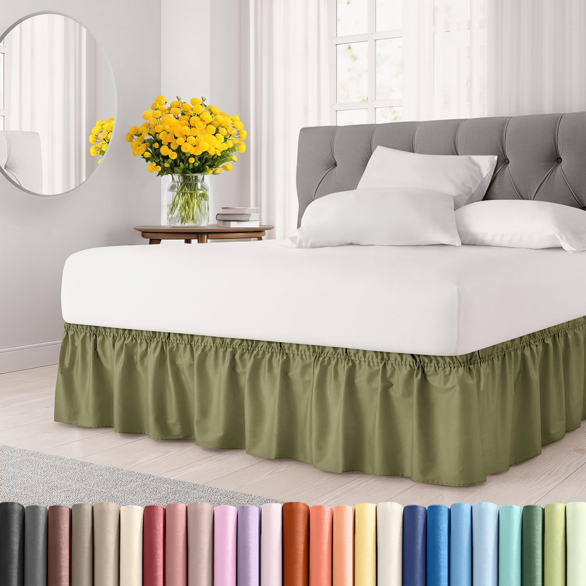 Wrap Around Dust Ruffle Bed Skirt - Sage Green - for Twin Size Beds with 21 Inch Drop - Elastic Strap - Adjustable Pleated Bedskirt with Brushed Fabric and Wrinkle Free - for Women Men Kids & Teens