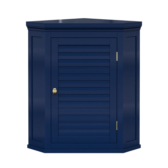 Teamson Home 24" Glancy One Shutter Door Removable Wooden Wall Cabinet Navy centered front-facing corner wall cabinet with crown-moulded top and faux louvered shutter door, shiny silver knob and navy engineered-wood finish; interior shelf visible, dimensions 22.52" L x 15" W x 24.02" H, suited for bathrooms, kitchens, laundry rooms or home offices and for renters needing removable corner storage.