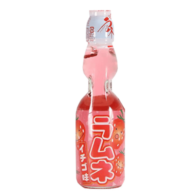 Hata Soda Strawberry in a clear glass bottle with a marble seal, filled with pink strawberry-flavored ramune soda, featuring red Japanese text and strawberry illustrations on the label, a refreshing fizzy drink popular in Chinese and East Asian food culture.