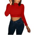thumbnail image 3 of Women Long Sleeve Crop Tops Half Turtleneck Solid Color Slim Pullovers, 3 of 8