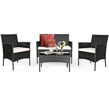 Patiojoy Ensemble de Meubles en Rotin Osier 4 Pcs Causeuse Chaises Extérieur Sofa Coussiné