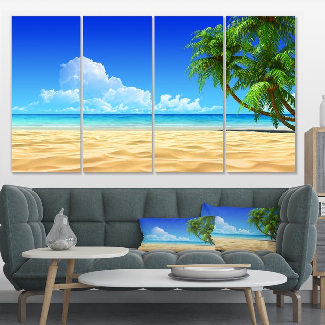 Coconut Palms Bent into Beach - Seashore Canvas Art Print