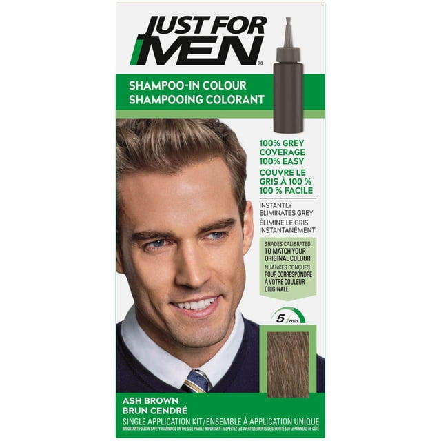 Just For Men Shampoo-In Colour Ash Brown single application kit featuring a dark brown applicator bottle and ash brown hair color swatch, providing 100% grey coverage in 5 minutes with easy shampoo-in use for men's hair care.