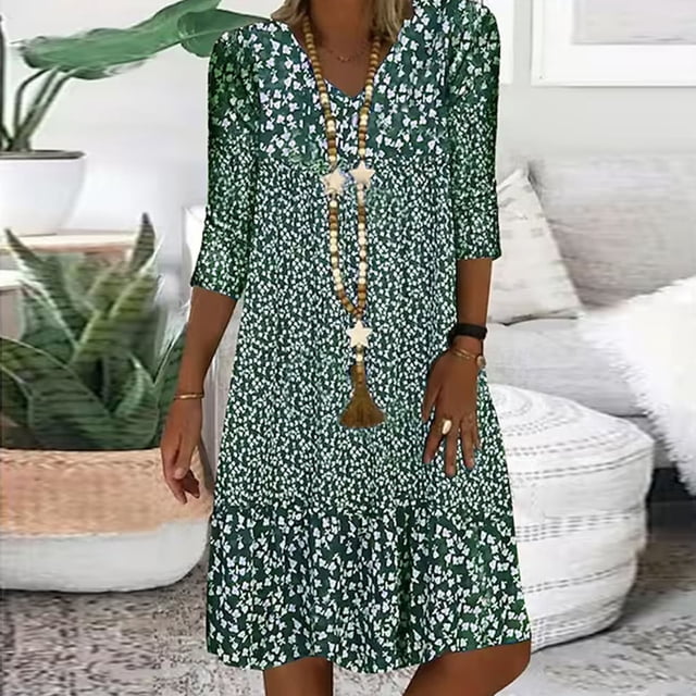 Weiqiqre Robes Fantaisie pour Femmes Offres Mode Femmes Été Décontracté Col en V Imprimé Manches 3/4 Pli Robe Mini