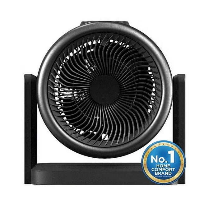 Midea Digital Turbo Portable Space Heater + Fan (2 in 1) with 4 Speed Settings, designed for year-round comfort. Features a compact black design with a circular vented front for vortex airflow, digital thermostat for precise temperature control, manual tilt adjustment, and safety overheat protection.
