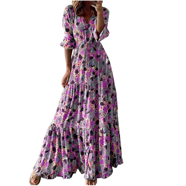Robes pour Femmes 2024 Été Surdimensionnée Col en V Imprimé Manches 3/4 Patchwork Décontractée Longue Robe Rabais de 50 % Liquidation!