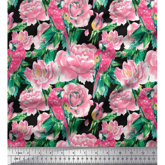 Soimoi Polyester Crepe Fabric Leaves,Rose & Parrot Bird Printed Fabric 1 Yard 52 Inch Wide