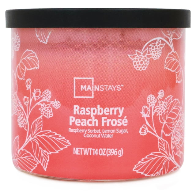 Mainstays 3-Wick Textured Wrapped Raspberry Peach Frose Scented Candle, 14 oz, with a pink cylindrical jar decorated with white raspberry and leaf illustrations and a black lid, featuring raspberry sorbet, lemon sugar, and coconut water fragrance notes, suitable for enhancing home décor and creating a relaxing ambiance.