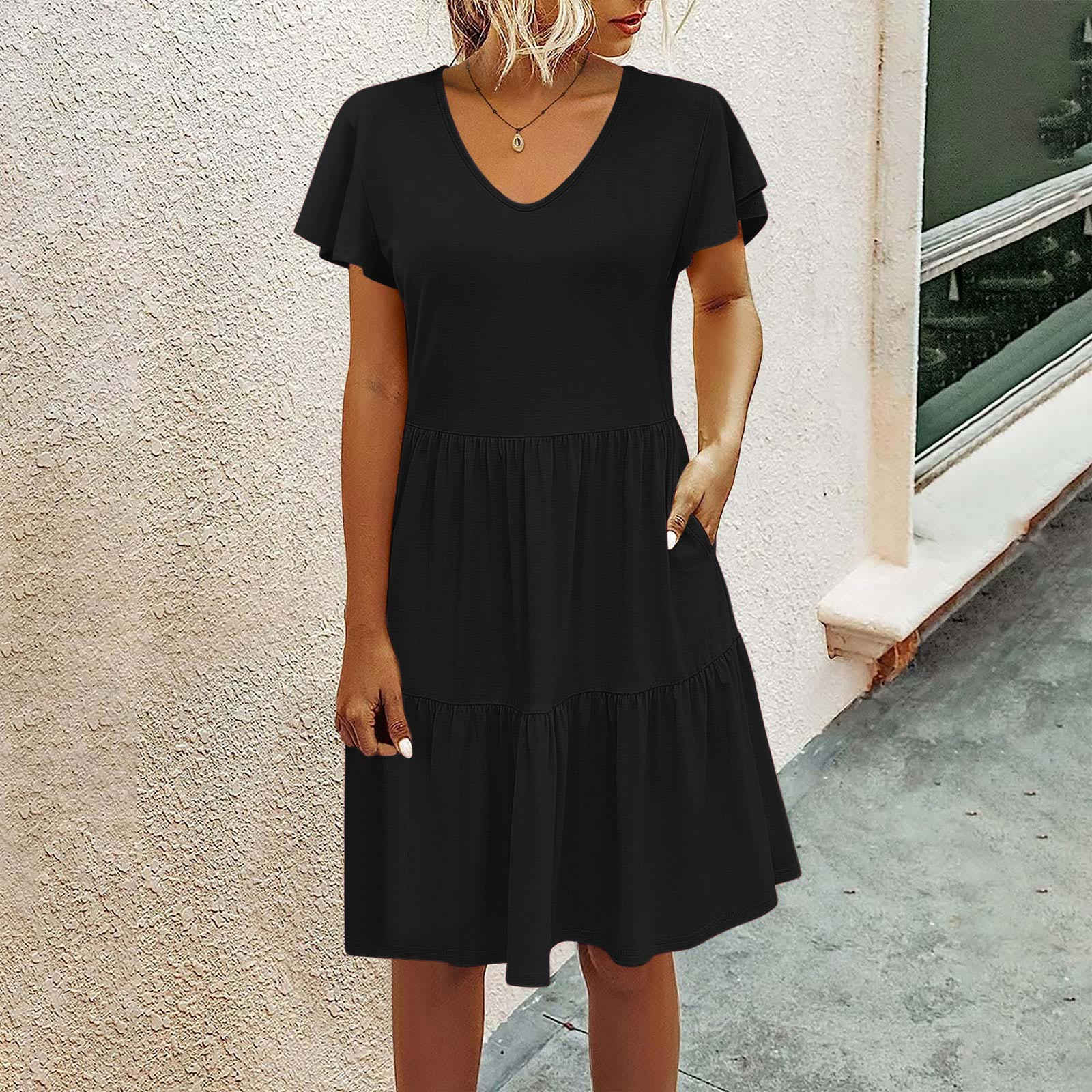 Robes pour Femmes 2024 Été Surdimensionnée Décontractée Ample Robe Débardeur Plage Col en V avec Poche Robe d'Été Manches Courtes Robes Rabais de 50 % Liquidation!