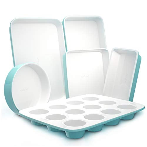 NutriChef 6 Piece Non Stick Kitchen Oven Stackable Ceramic Baking Pan Set, Green