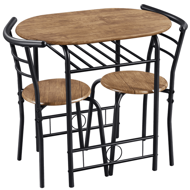 Fullfurnique Ensemble Moderne de Salle à Manger Rond 3 Pcs et 2 Chaises avec Pattes en Acier, Brun avec un Plateau Ovale en MDF Brun de 31,5 Pouces L par 21 Pouces L avec Fini grain de Bois et Pattes en Acier Enduit de Poudre Noir. Deux Sièges Ronds avec Dossiers Incurvés Se Rentrent Soigneusement sous la Table, Ce Qui Comprend un Support de Rangement Intégré, Convient aux Petites Cuisines, Balcons Ou Appartements de studio.