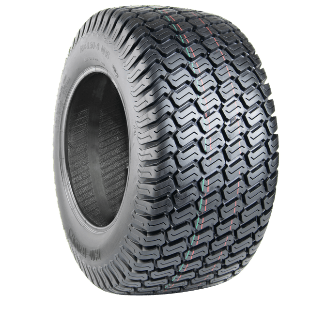 Hi-Run WD1133 Pneu de Remplacement pour Gazon 18X8.50-8 4PR Montré dans une Vue de Profil 3/4, Noir avec une Bande de Roulement de Forme Près Conçue pour une traction Optimale et des Dommages Minimaux à la Pelouse, Idéal pour les Pneus de Pelouse et de Jardin sur Équipement Extérieur.