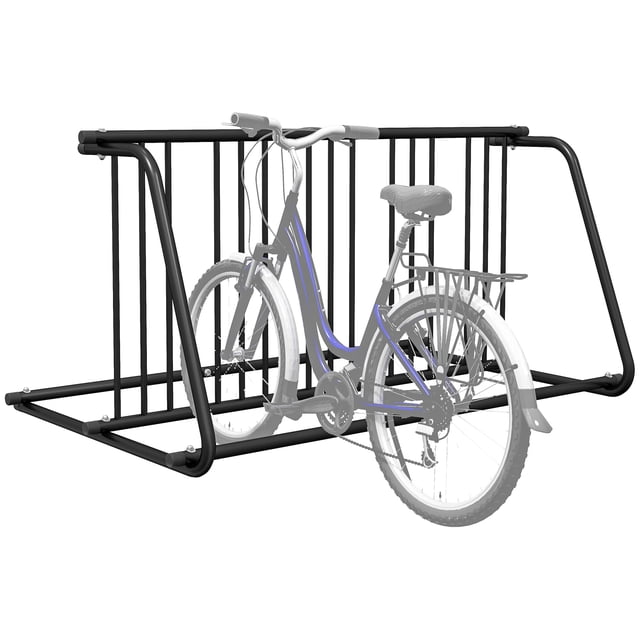 DURHAND Double-Sided Bike Rack Stand with 6-Bike Capacity, a durable bike storage solution made from powder-coated steel in black. Features vertical bars to separate bikes and bottom crossbars for stability. Ideal for sheds, garages, and gardens, it keeps bikes upright and prevents scratches. Dimensions: 61 inches long, 39.4 inches wide, and 29.5 inches high.
