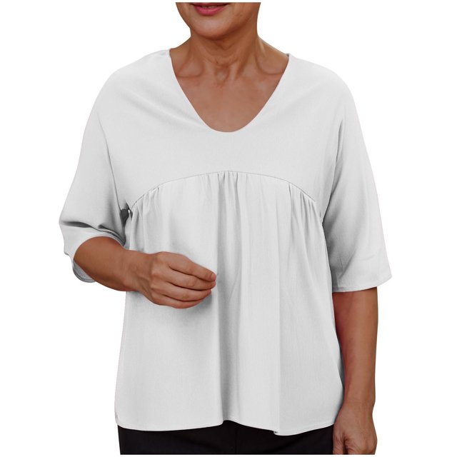 Savings Clearance! Womens Plus Size Tops,Summer Short Sleeve Blouse Tops for Womens,Women's Solid Color Blouses Raglan Mid Sleeve V-Neck Patchwork Pleated Top