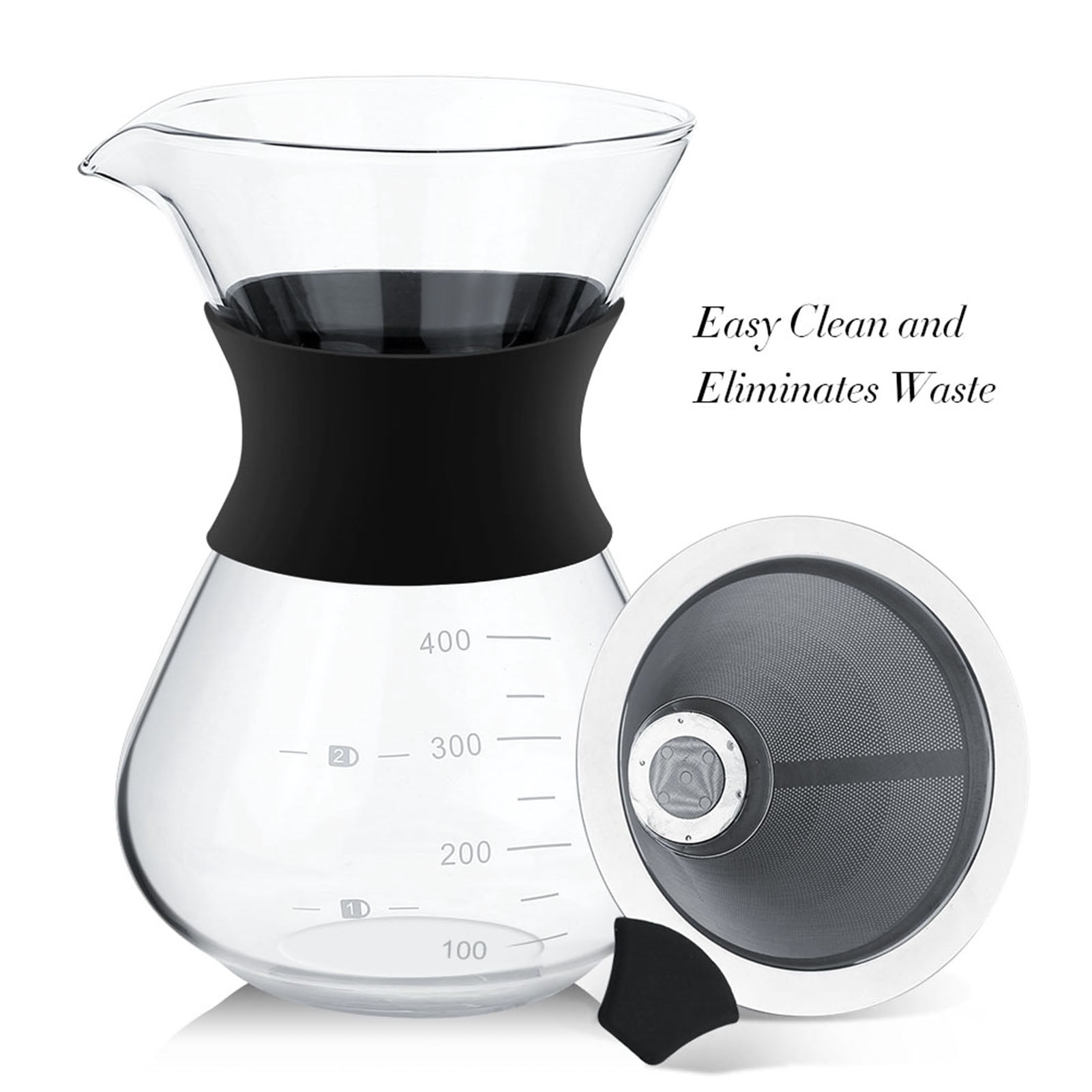 Pour Over Coffee Maker, Glass Coffee Maker Pot with Reusable Stainless Steel Drip Filter, Heat Proof Coffee Dripper Brewer
