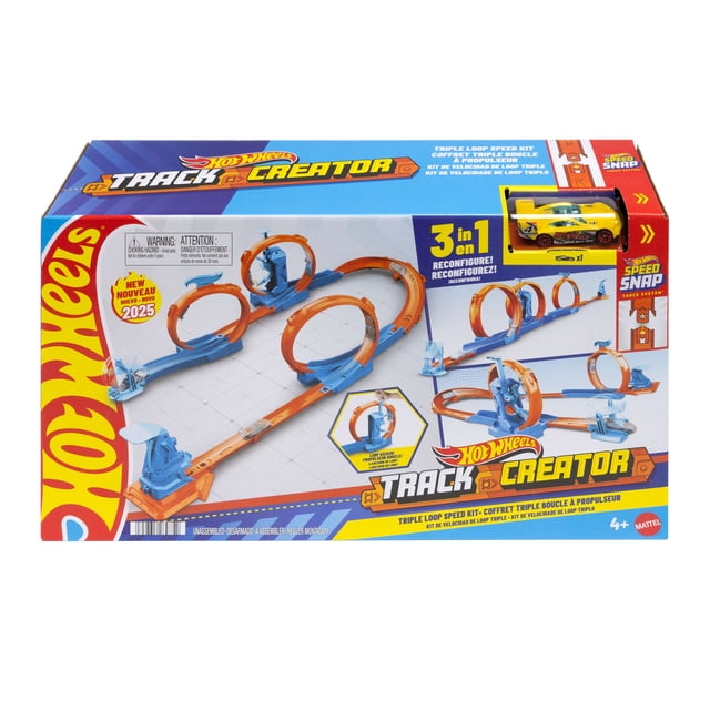Hot Wheels Track Creator Triple Loop Pack & 1:64 Scale Toy Car, multicolour track-building set with orange loops and blue connectors, includes one yellow die-cast car, allows kids to create multiple 3-in-1 loop configurations using Speed Snap tracks compatible with legacy Hot Wheels sets, ideal for car racing playsets for ages 4 and up.
