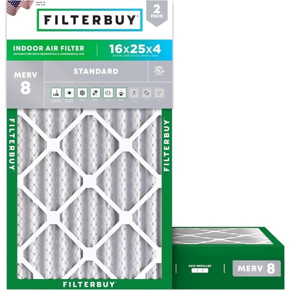 Filterbuy 16x25x4 Air Filter MERV 8 Dust Defense, HVAC AC Furnace Air Filters Replacement (2-Pack)