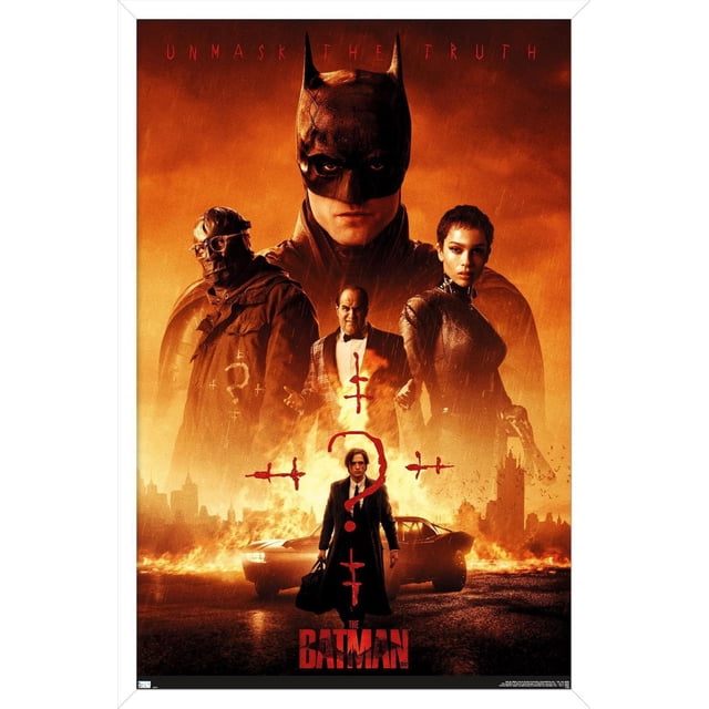 DC Comics Film The Batman - une Affiche Murale, 22,375 Pouces x 34 Pouces Encadrée Montrant une Grande silhouette de Batman avec des Oreilles Pointues sur un Fond orange Ardent. Devant, Trois Personnages Se Tiennent : l'Un dans un Manteau Sombre avec des Lunettes et un Masque, l'Autre dans un Complet avec des Symboles Cryptiques Rouges, et un Troisième Tenant un Pistolet. un Homme dans un long Manteau Portant un Sac Se Tient devant une Voiture Classique Entourée de Flammes. Symboles Rouges et un Grand Point D