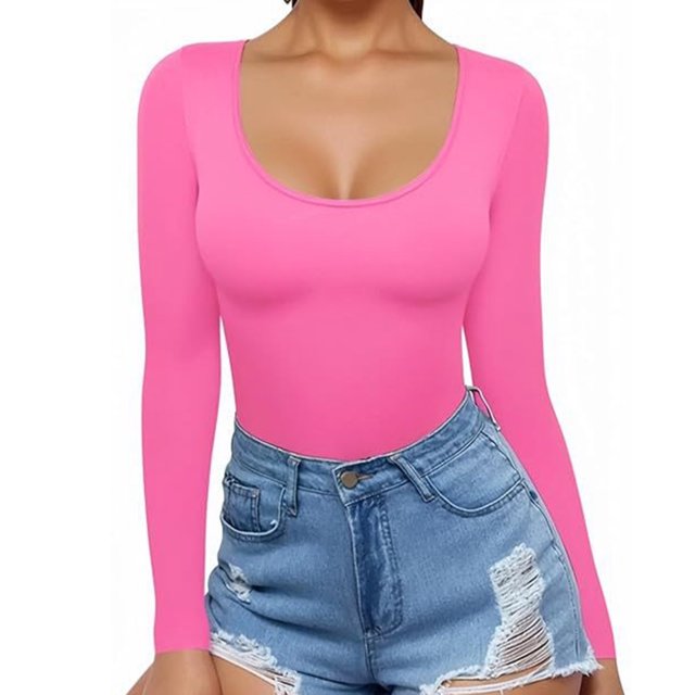 tarylea Women's Cute Tops U Neck Ribbed Slim Fitted Tops Long Sleeve Solid Color Shirts Casual Fall Going out Tops