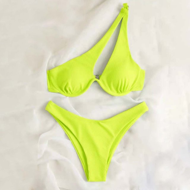 Cameland Ladies' Sexy Split Shoulder Steel Support Bikini Solid Color Two-piece Swimsuit